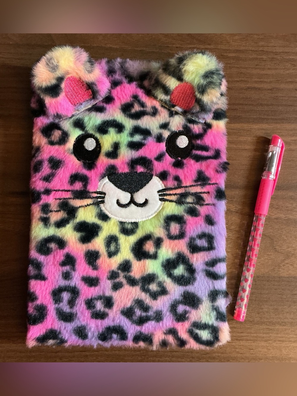 Fuzzy Rainbow Leopard Print Kitty Notebook Cover w/ Pink Gel Pen